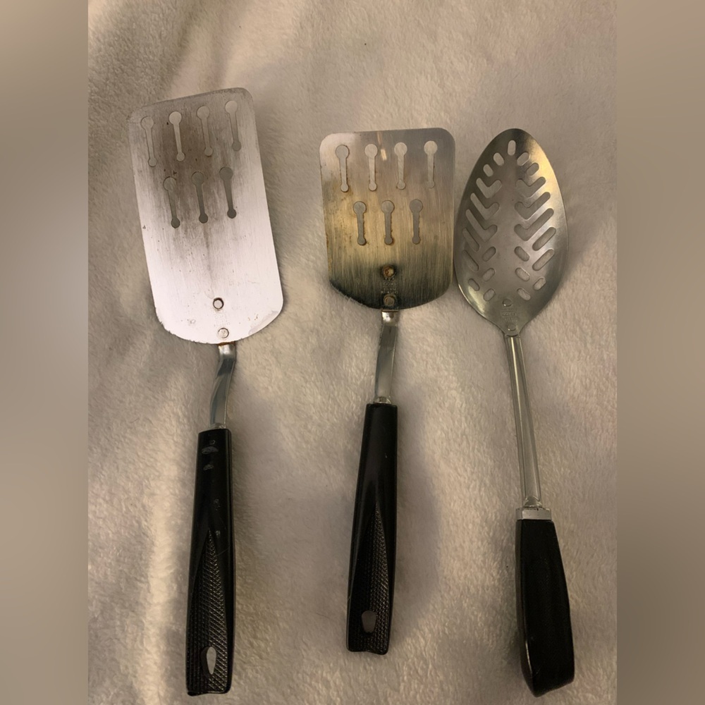 Vtg Ecko Lot of 3 Spatula Turner Keyhole Slot Utensils Black Handle Made in USA